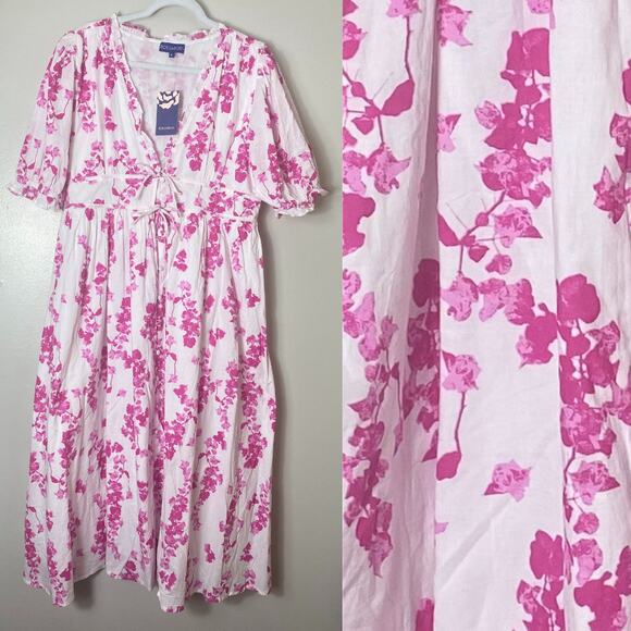 NWT RO'S GARDEN DRESS XL VIENNA INES MAGENTA PINK MIDI FLORAL FEMININE COASTAL - Picture 1 of 14